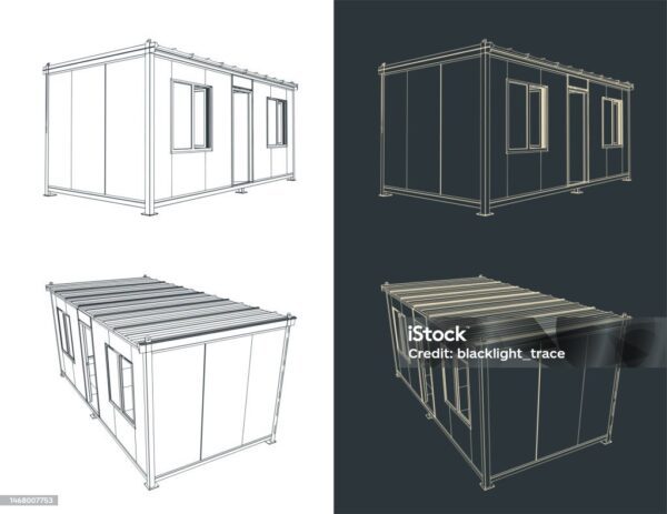 Stylized vector illustration of drawings of a container house Modifizierte 40-Fuß-Container für Airbnb, Büros und Wohnlösungen