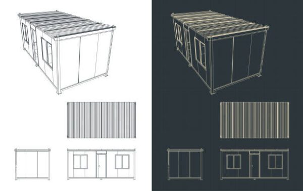Stylized vector illustration of blueprints of a container house Modifizierte 40-Fuß-Container für Airbnb, Büros und Wohnlösungen